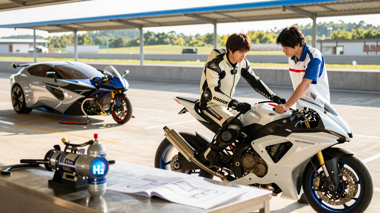 Dois homens ajustam moto esportiva branca em garagem com carro futurista e tanque de hidrogênio ao lado.
