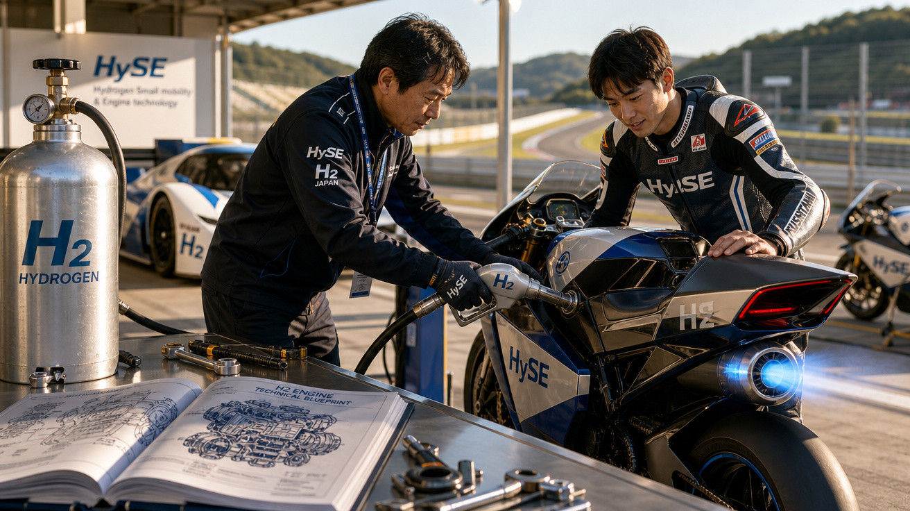 Dois homens abastecem moto com hidrogênio em pista, ao lado de cilindro e prancheta técnica.