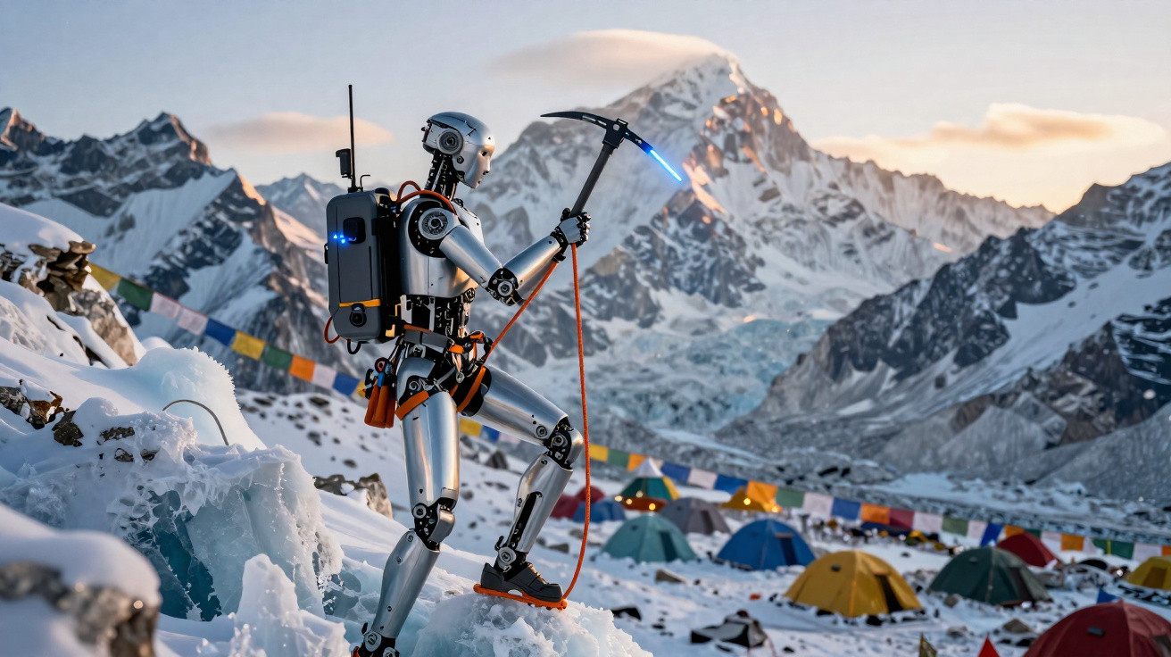 Robô escalador com picareta em montanha nevada, ao fundo acampamento com várias barracas coloridas.