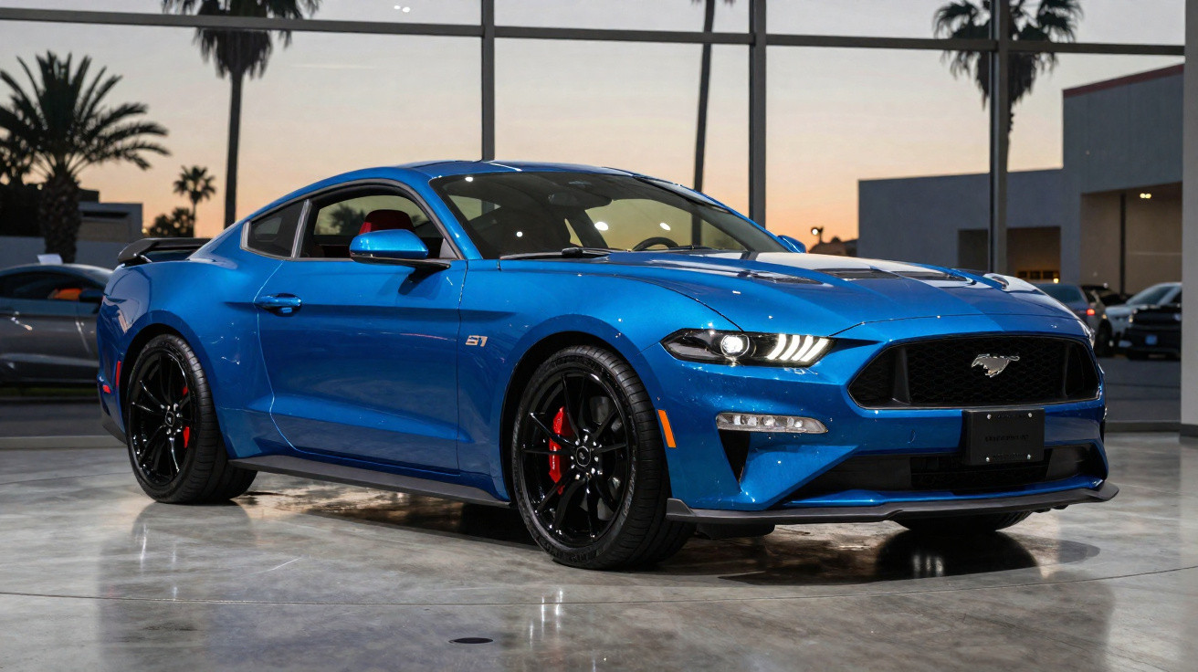 Carro esportivo azul Ford Mustang GT estacionado em showroom com piso refletivo ao entardecer.