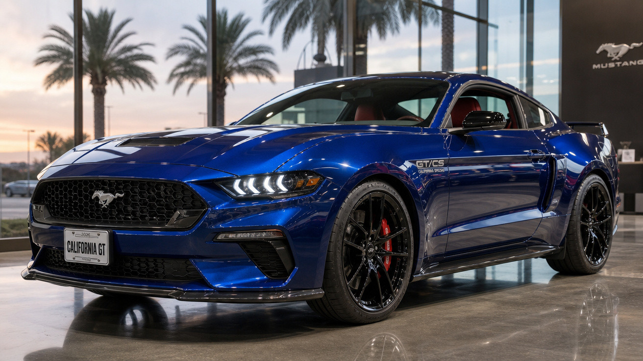 Carro esportivo azul Ford Mustang GT/CS estacionado em showroom com palmeiras ao fundo.