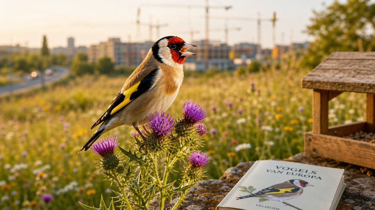 Pássaro colorido pousado em flores roxas ao lado de livro sobre pássaros em área urbana ao entardecer.