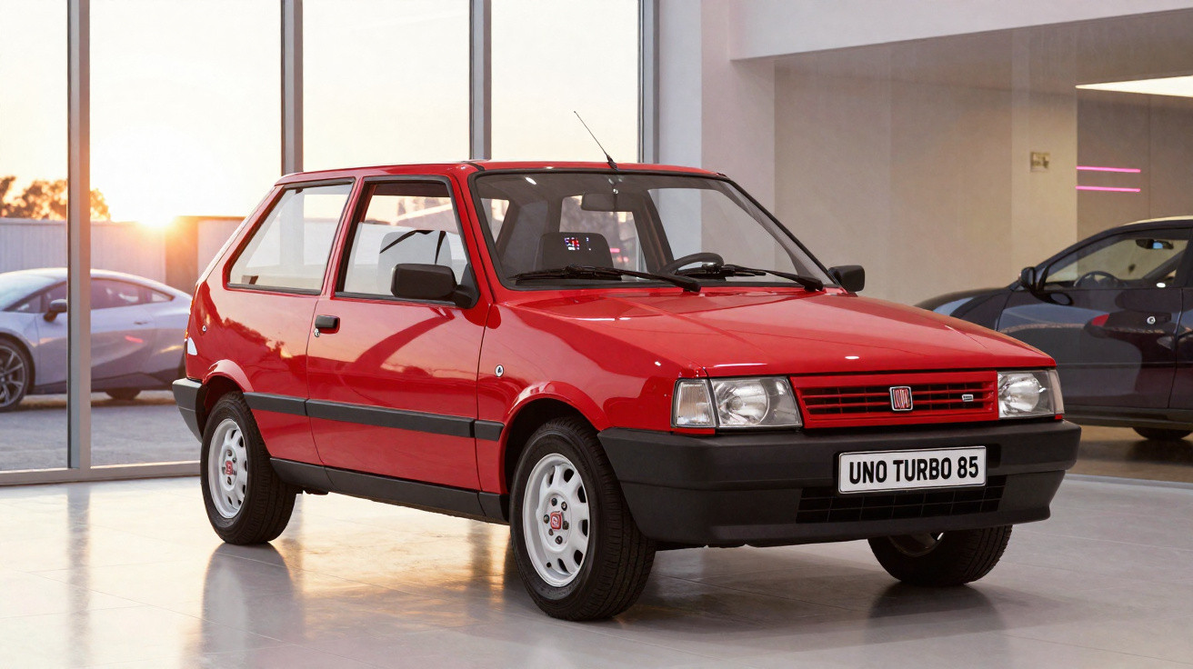 Carro Fiat Uno Turbo 85 vermelho em exposição dentro de showroom moderno com janela ampla.