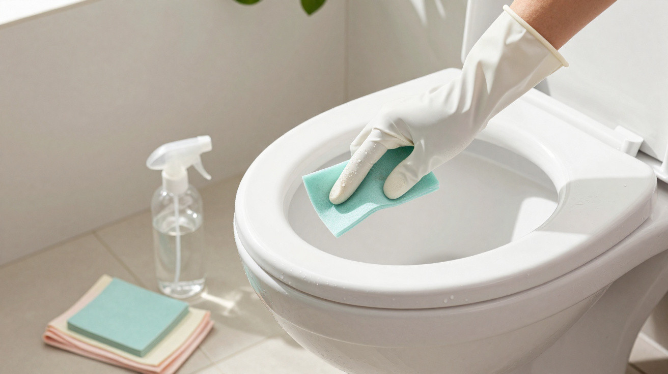 Pessoa com luva branca limpando a borda do vaso sanitário com esponja azul em banheiro claro.