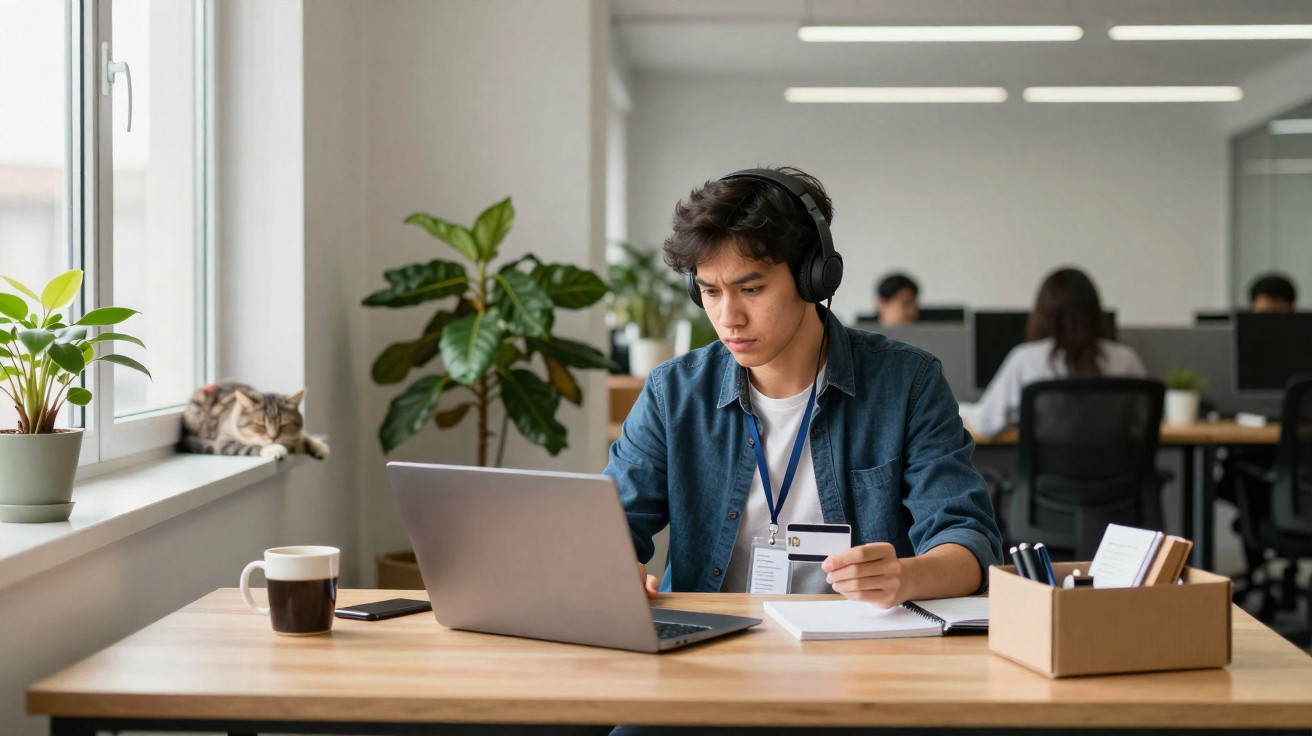 Jovem com fones no escritório, trabalhando em laptop, segurando crachá, com xícara e planta na mesa.