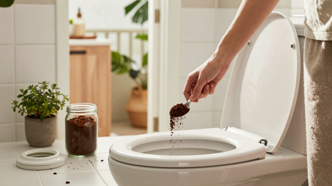 Pessoa despejando borra de café no vaso sanitário em banheiro com planta e frasco ao fundo.