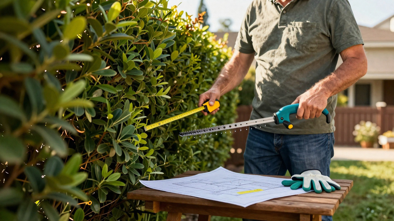 Homem medindo arbusto com trena ao lado de mesa com planta, luvas e planta de paisagismo.