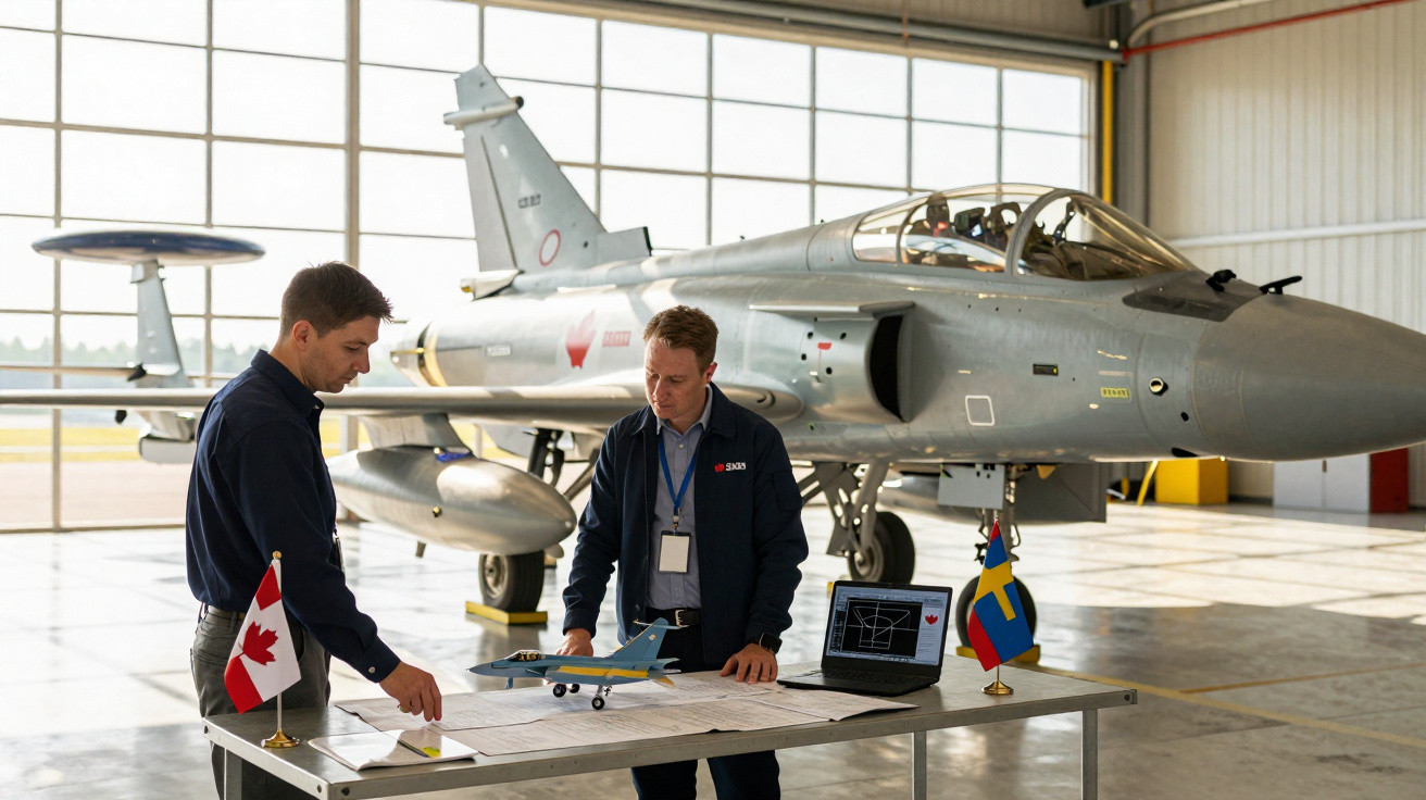 Dois homens analisando projetos de avião em hangar com caça militar ao fundo.