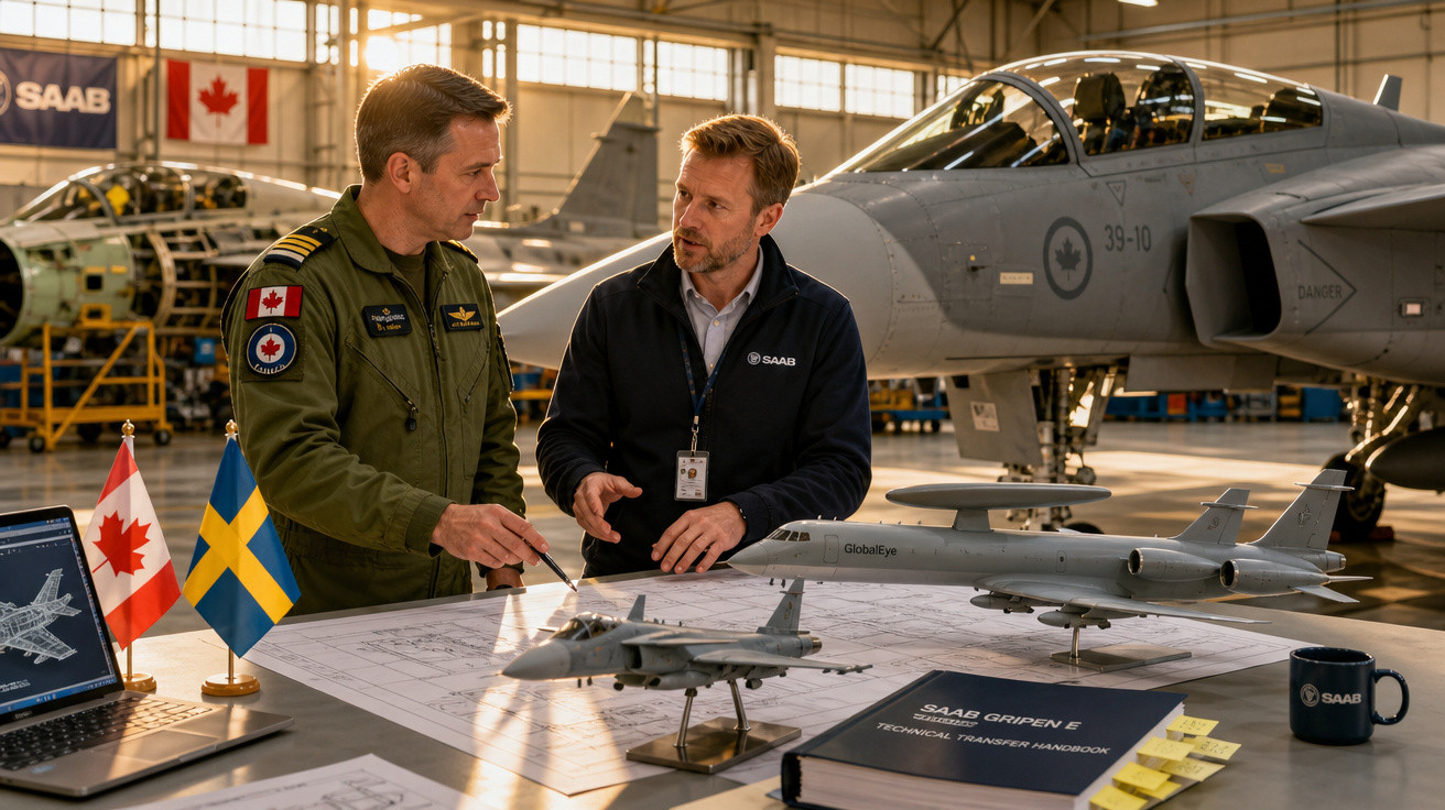 Dois homens discutem planos na mesa de uma oficina ao lado de modelos de aviões de combate e bandeiras do Canadá e Suécia.