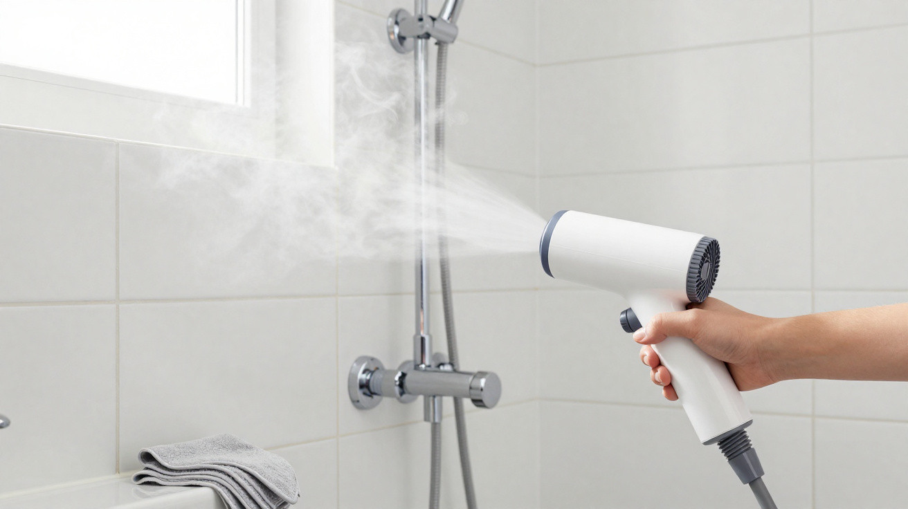 Mão segurando secador de ambiente com vapor saindo, em banheiro com azulejos brancos e toalha cinza.