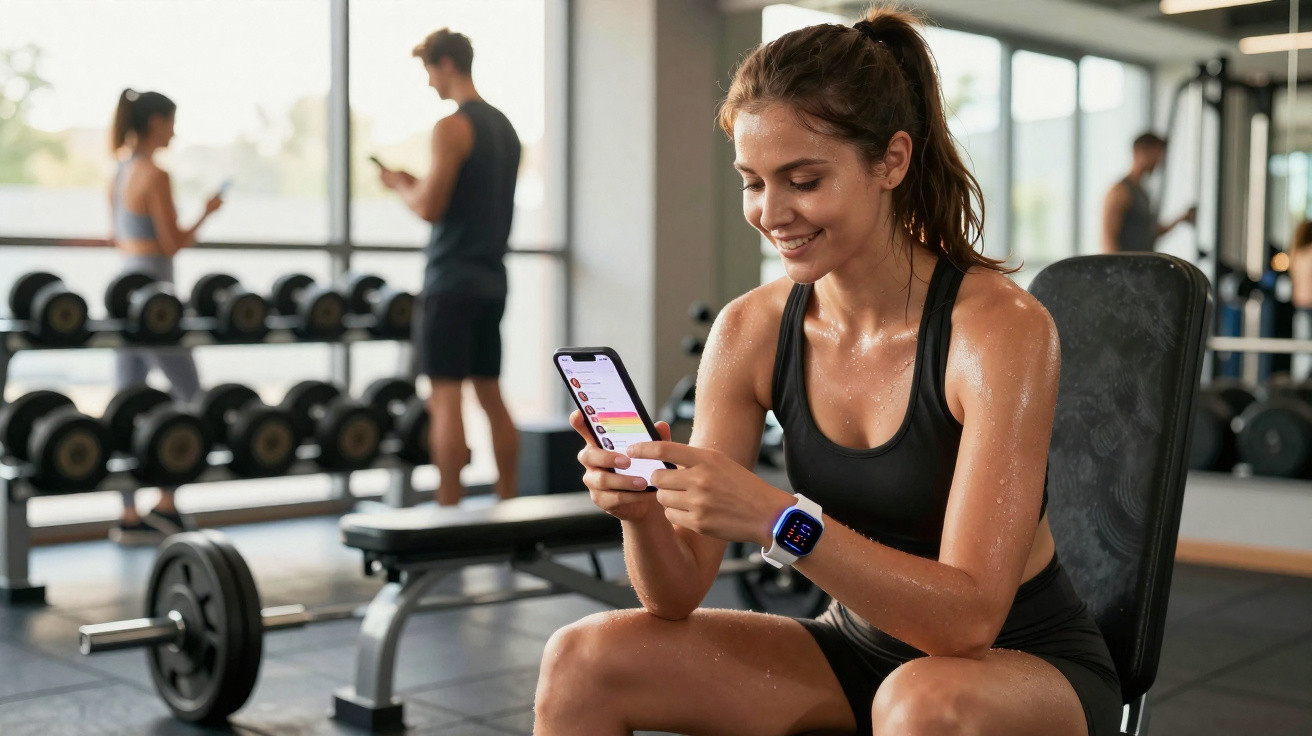 Mulher suada sentada na academia olhando celular, com homens e halteres ao fundo.