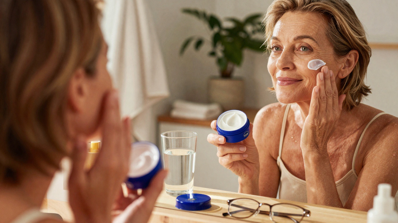 Mulher madura aplica creme facial branca enquanto se olha em espelho no banheiro.
