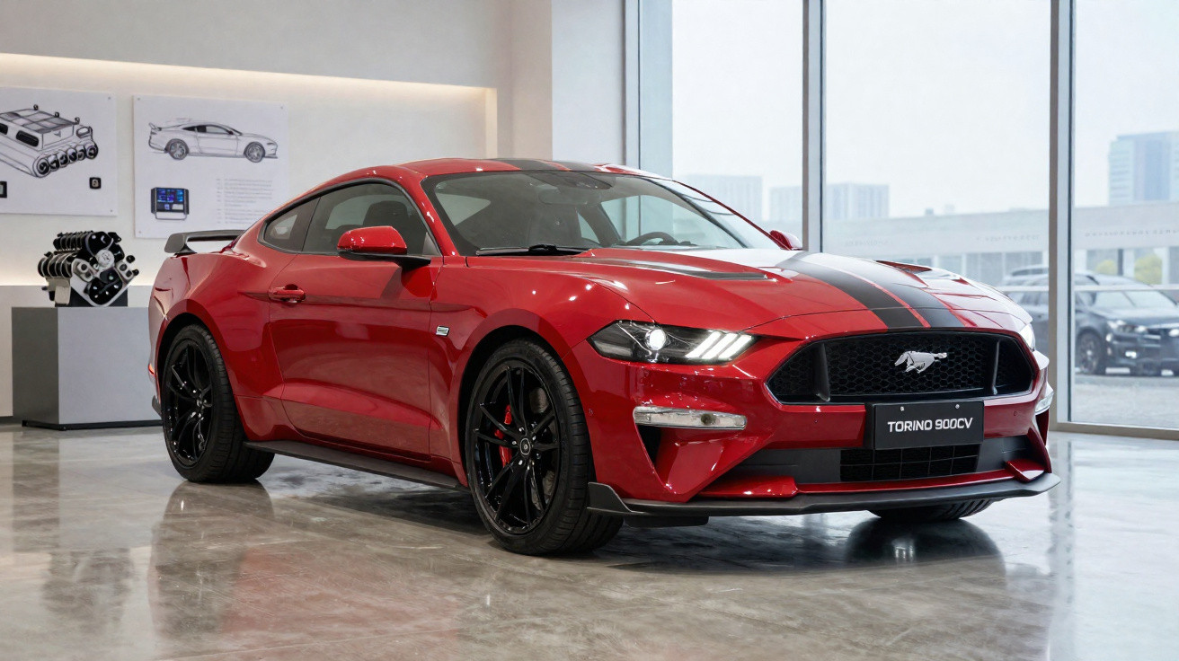 Carro esportivo vermelho Ford Mustang Torino 900CV com faixas pretas exposto em showroom moderno.