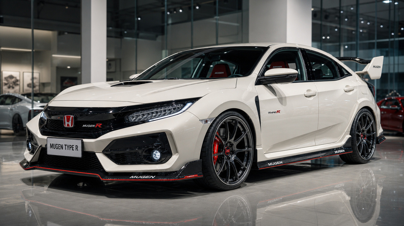 Carro esportivo Honda Civic Mugen Type R branco em showroom moderno com rodas pretas e detalhes vermelhos.