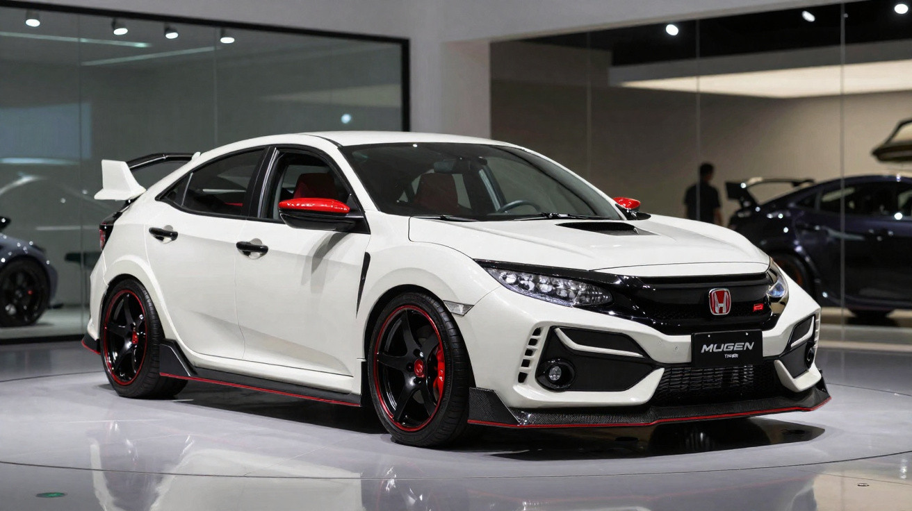 Carro esportivo branco Honda Civic Mugen com detalhes vermelhos exposto em salão automotivo.