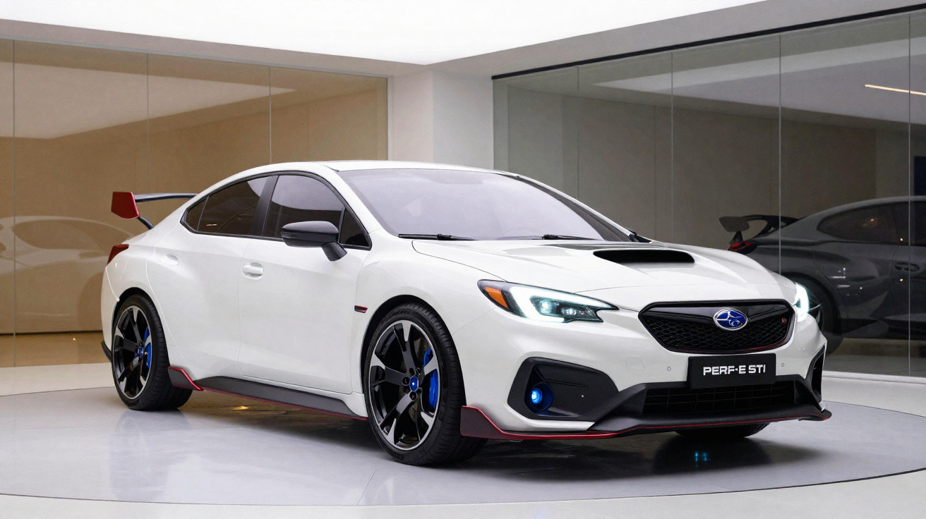 Carro esportivo branco Subaru WRX STI com detalhes em azul e vermelho em showroom moderno.