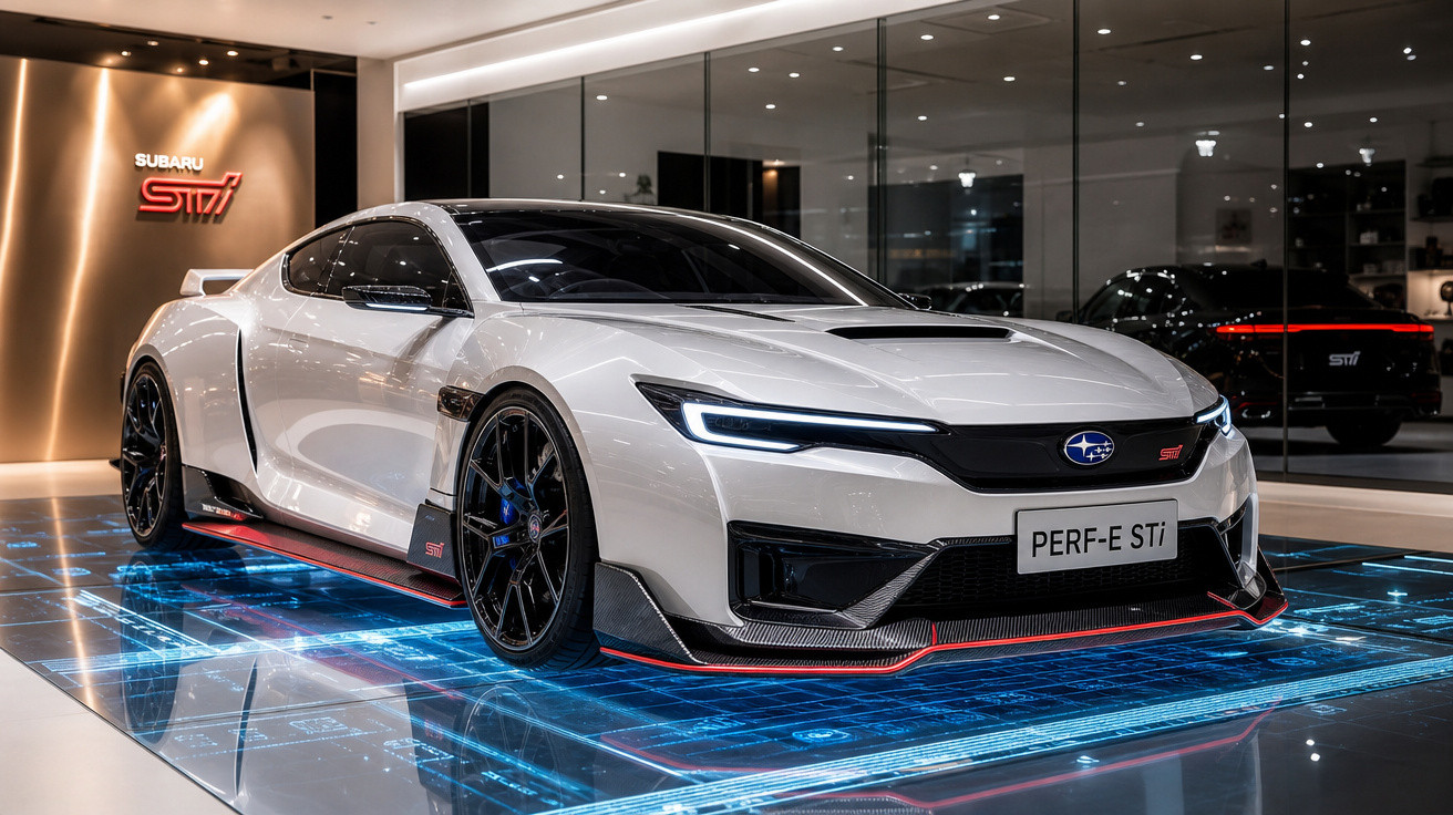 Carro esportivo branco Subaru PER-F E Sti exposto em showroom moderno com iluminação azul.
