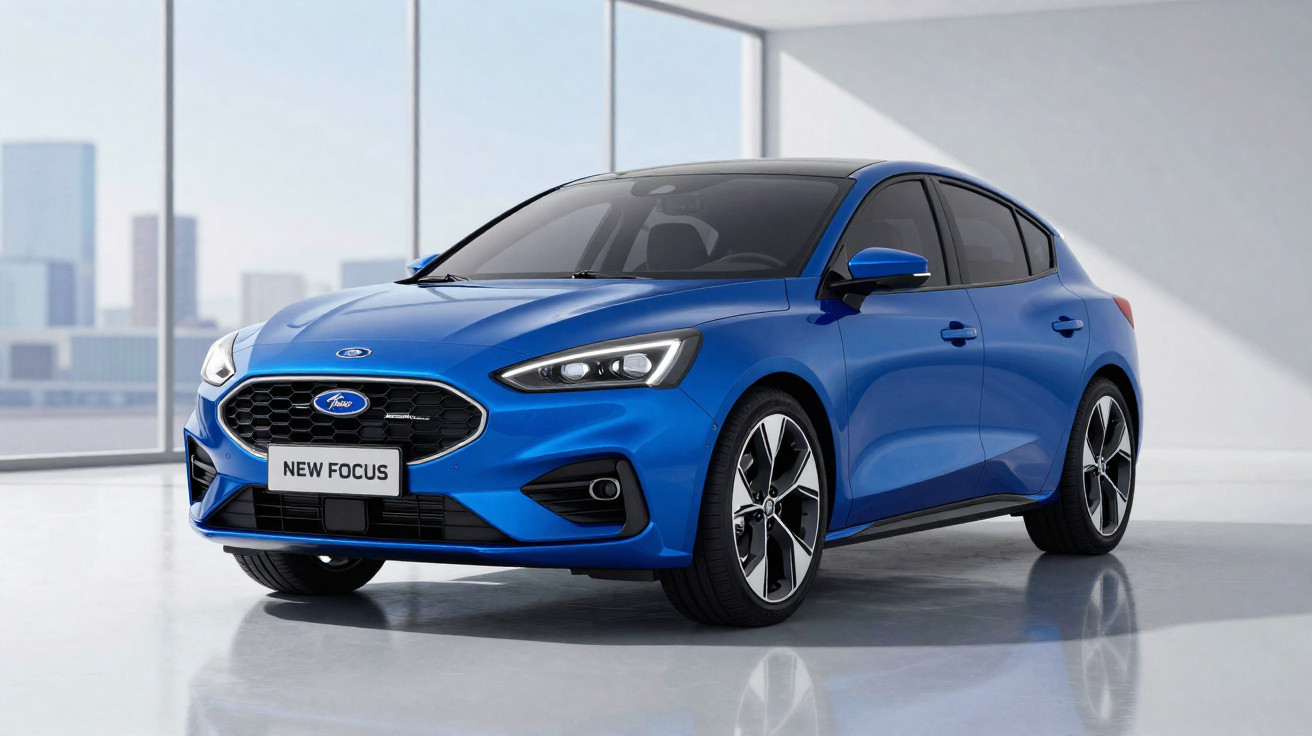 Carro azul Ford New Focus estacionado em ambiente interno com janelas amplas e vista urbana ao fundo.