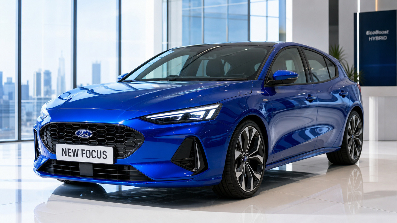 Carro Ford New Focus azul exibido em showroom com iluminação natural e piso branco brilhante.