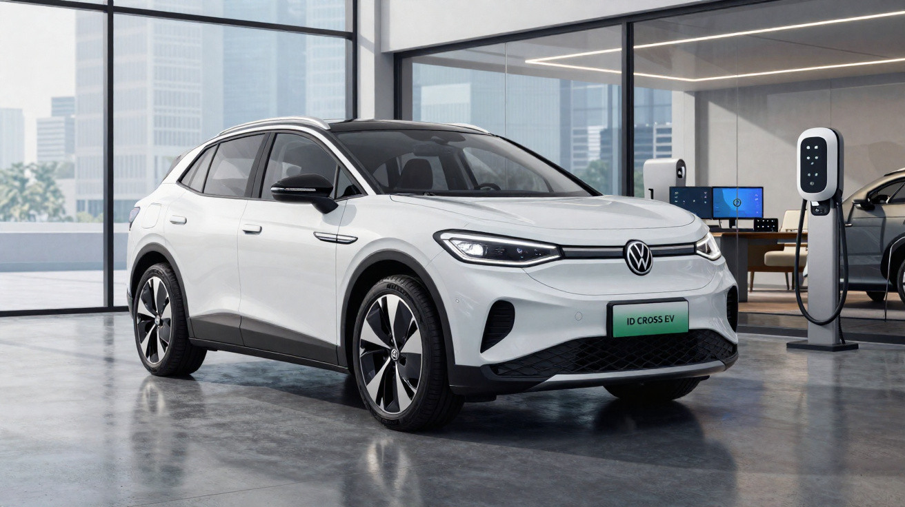 Carro elétrico Volkswagen ID. Cross EV branco estacionado em ambiente interno moderno com estação de recarga.