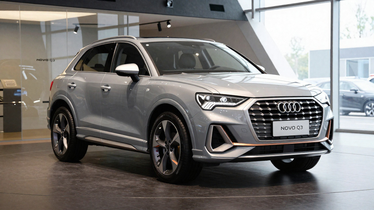 Audi Novo Q3 cinza em exposição em showroom com iluminação natural e ambiente moderno.