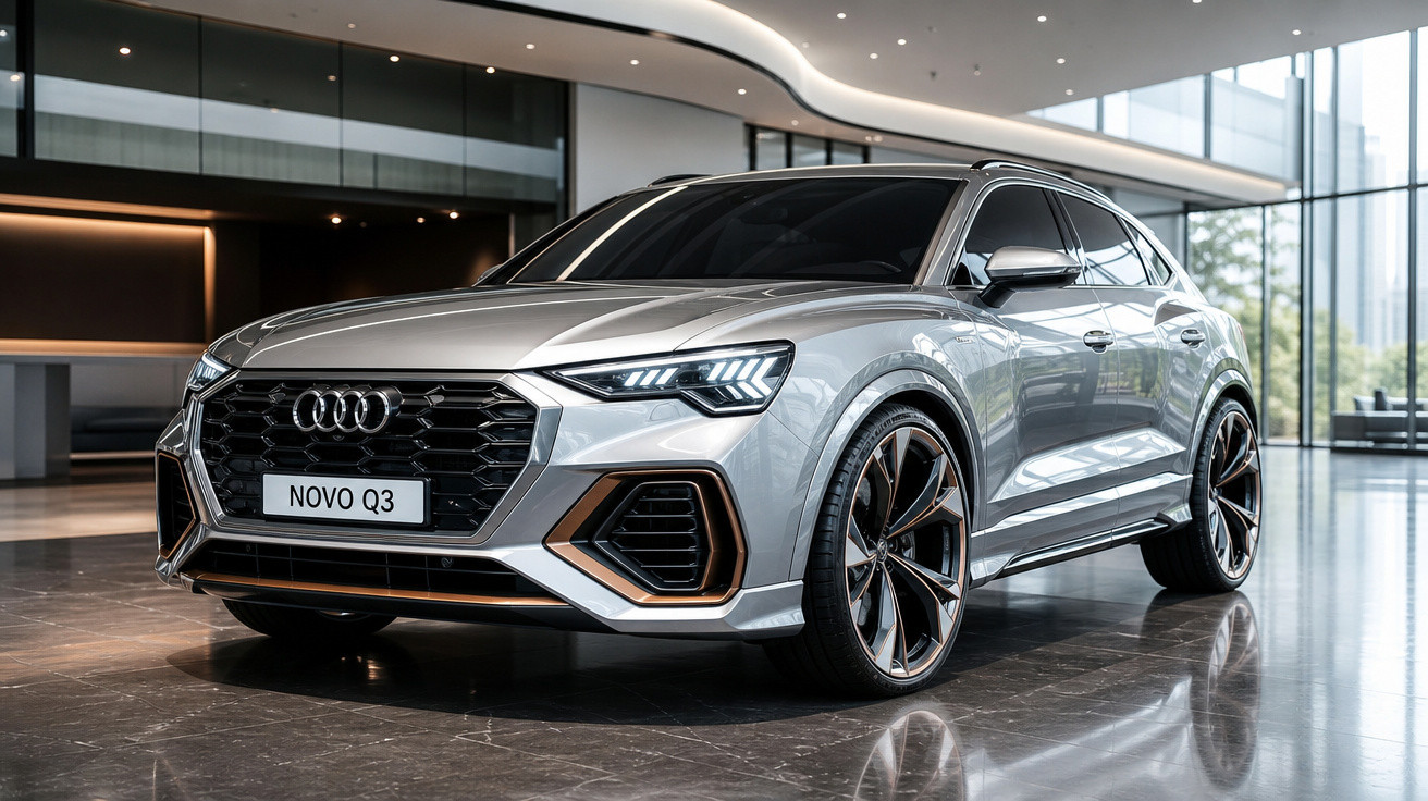 Audi Novo Q3 prata estacionado dentro de showroom moderno com teto iluminado e janela de vidro ampla.