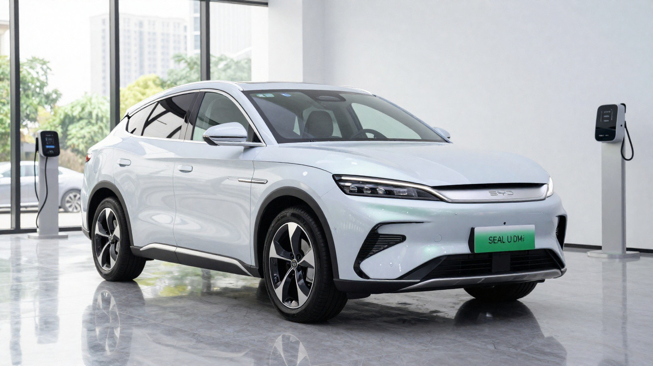 Carro elétrico branco estacionado em área interna, próximo a duas estações de recarga.