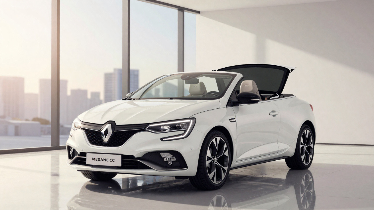 Carro conversível branco Renault Megane CC estacionado em ambiente interno com janelas grandes.