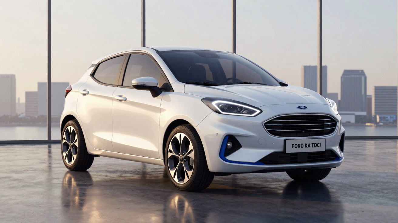 Carro hatch branco Ford Ka TDCi estacionado em ambiente interno com vista urbana ao fundo.