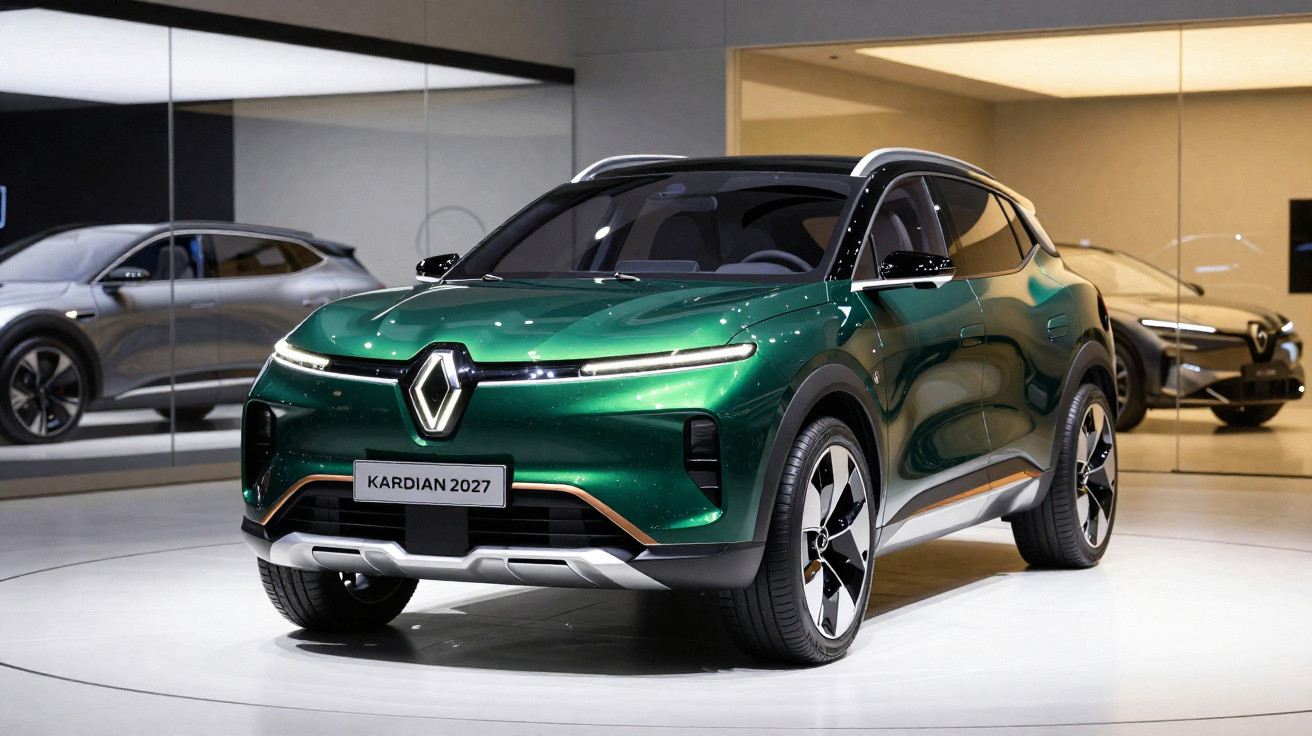 SUV elétrico verde Renault Kardian 2027 em exposição moderna com painéis espelhados ao fundo.