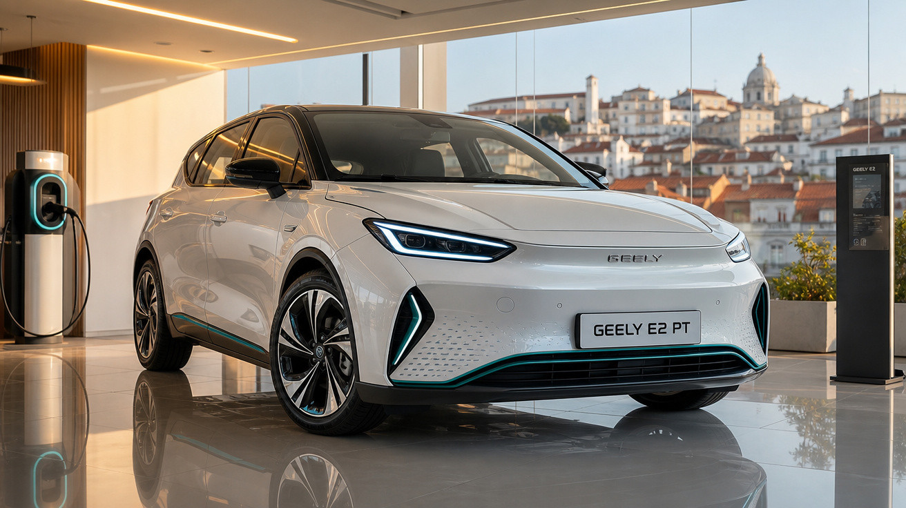 Carro elétrico branco Geely E2 PT em showroom moderno com vista para cidade ao fundo.
