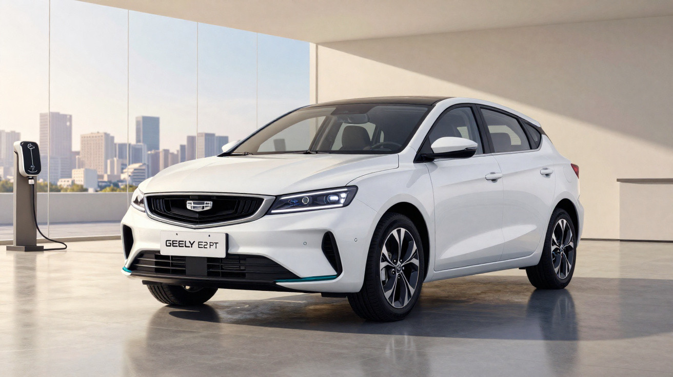 Carro branco elétrico Geely E2 PT estacionado em ambiente interno com estação de recarga ao fundo.