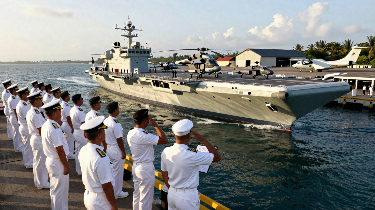 Marinheiros em uniforme branco saudando navio militar com helicóptero no convés próximo a cais.