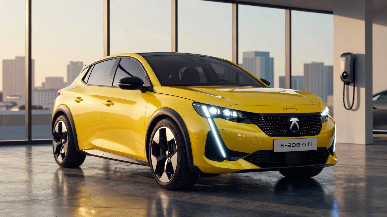 Carro elétrico compacto amarelo Peugeot e-208 GTi dentro de garagem com parede de vidro ao fundo.