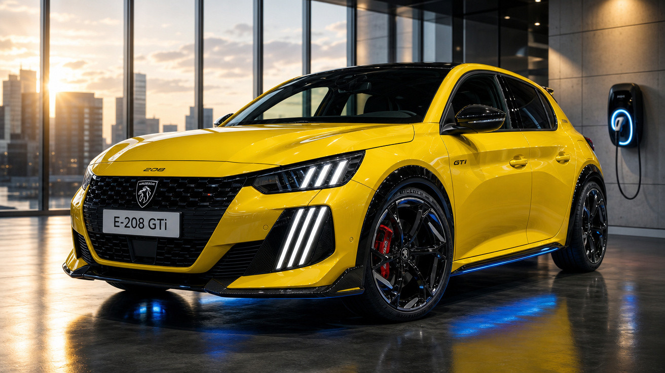 Carro esportivo amarelo Peugeot E-208 GTi em showroom moderno com iluminação azul e janela panorâmica ao fundo.