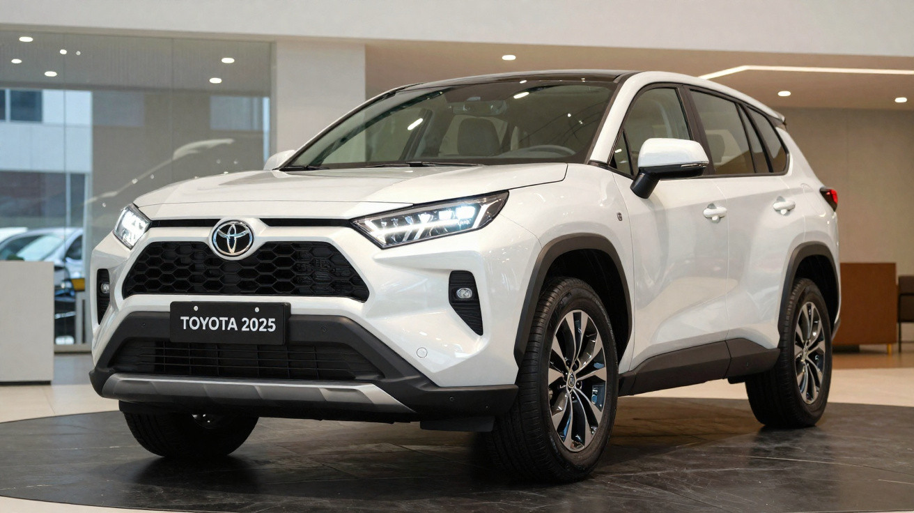 SUV branco Toyota 2025 em exposição interna com faróis acesos e rodas pretas e prateadas.