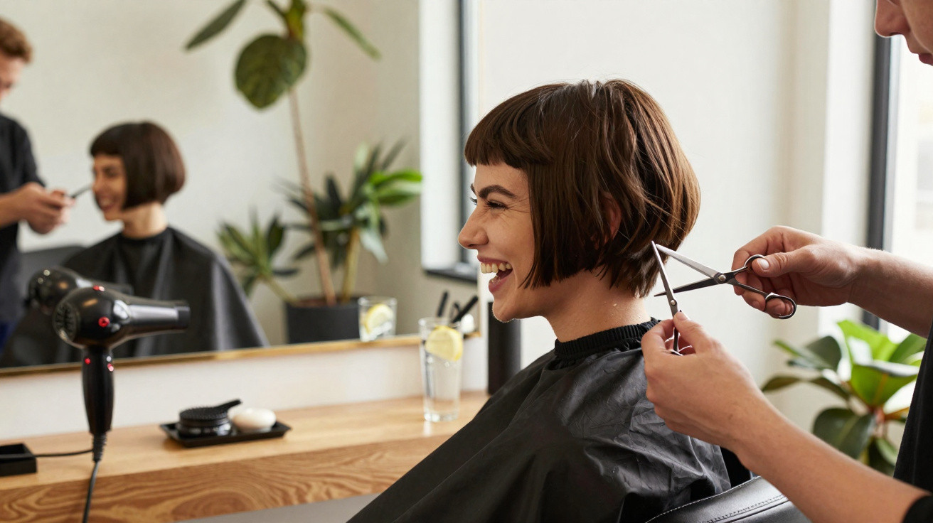 Mulher sorridente cortando cabelo curto em salão moderno com plantas e espelho ao fundo.