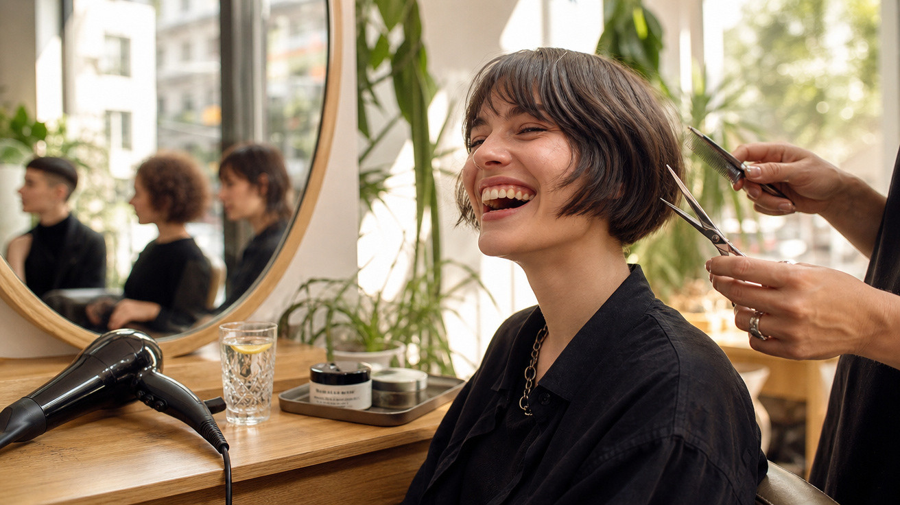 Mulher sorrindo enquanto cabeleireiro corta seu cabelo curto em salão com espelho e plantas ao fundo.
