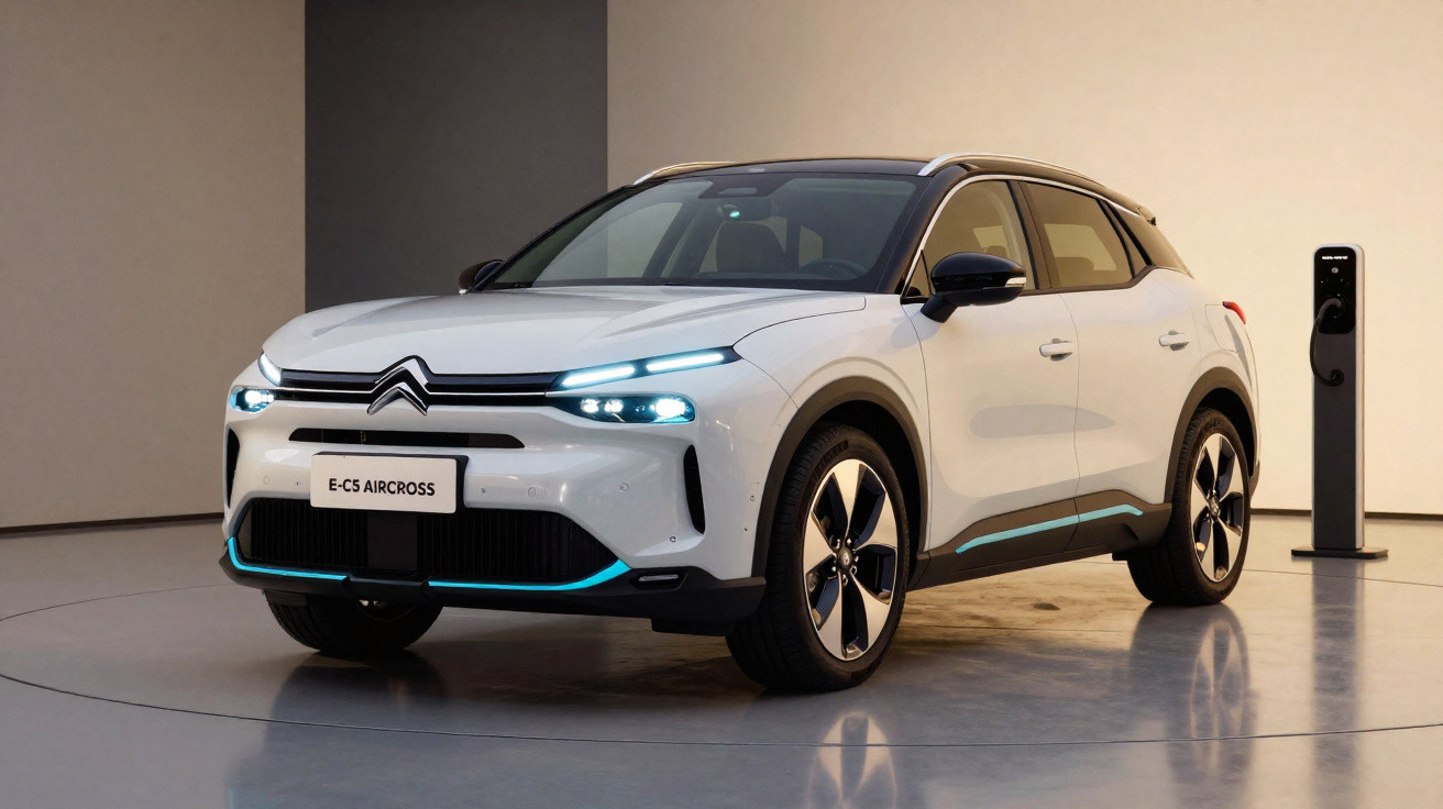 Carro elétrico Citroën E-C5 Aircross branco conectado a estação de recarga em ambiente interno.