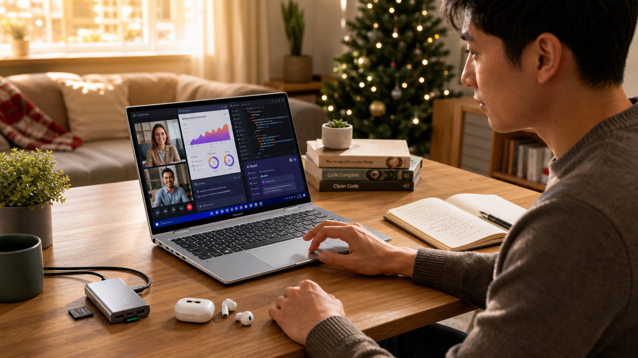 Homem em videoconferência e análise de gráficos, programação, em ambiente de trabalho com decoração natalina.