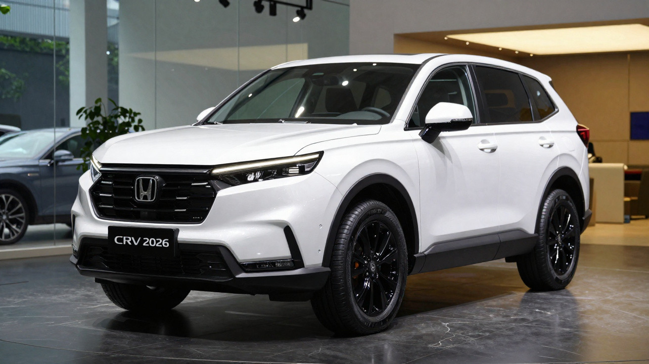 SUV Honda CRV 2026 branca exibida em showroom moderno com detalhes em preto e teto panorâmico.