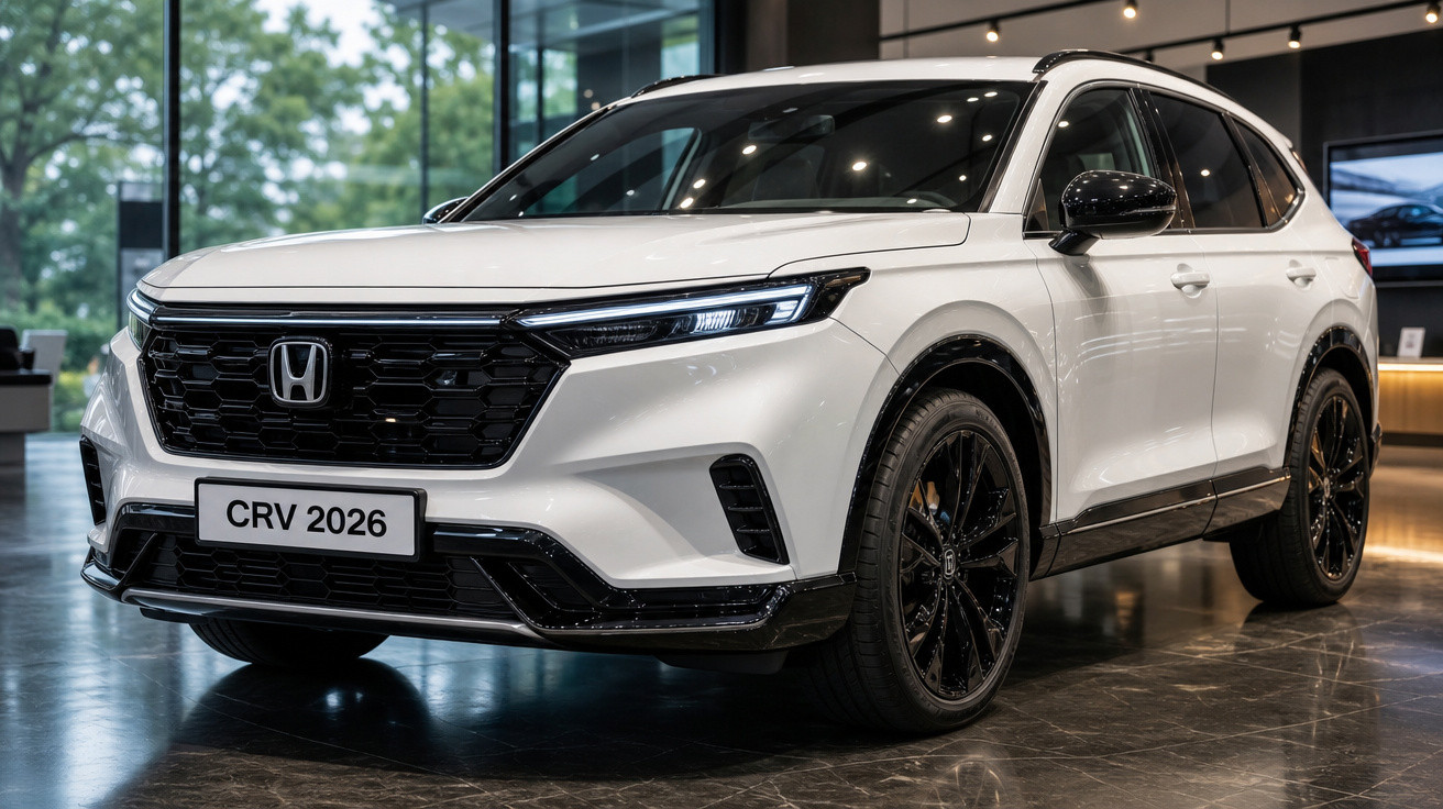 Carro SUV Honda CRV 2026 branco, detalhes em preto, em showroom moderno com chão refletivo.
