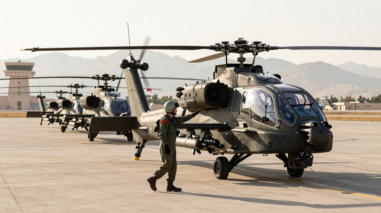 Helicópteros militares Apache alinhados em pista com soldado caminhandi próximo, ao fundo montanhas e torre de controle.