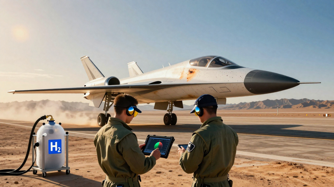 Dois técnicos com fones e tablet monitoram avião movido a hidrogênio no deserto ao pôr do sol.