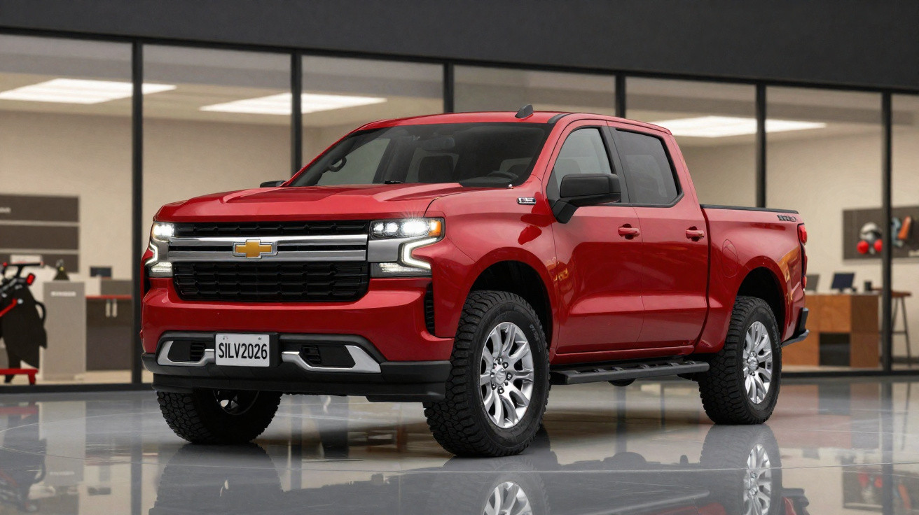 Picape vermelha Chevrolet Silverado 2026 estacionada em ambiente interno moderno e iluminado.