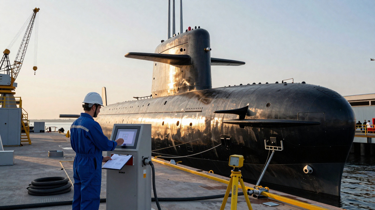 Homem com macacão azul e capacete branco operando painel perto de submarino preto atracado ao cais.