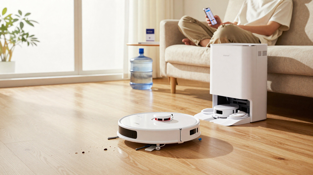 Robô aspirador de pó branco limpando chão de madeira em sala com pessoa no sofá usando celular.