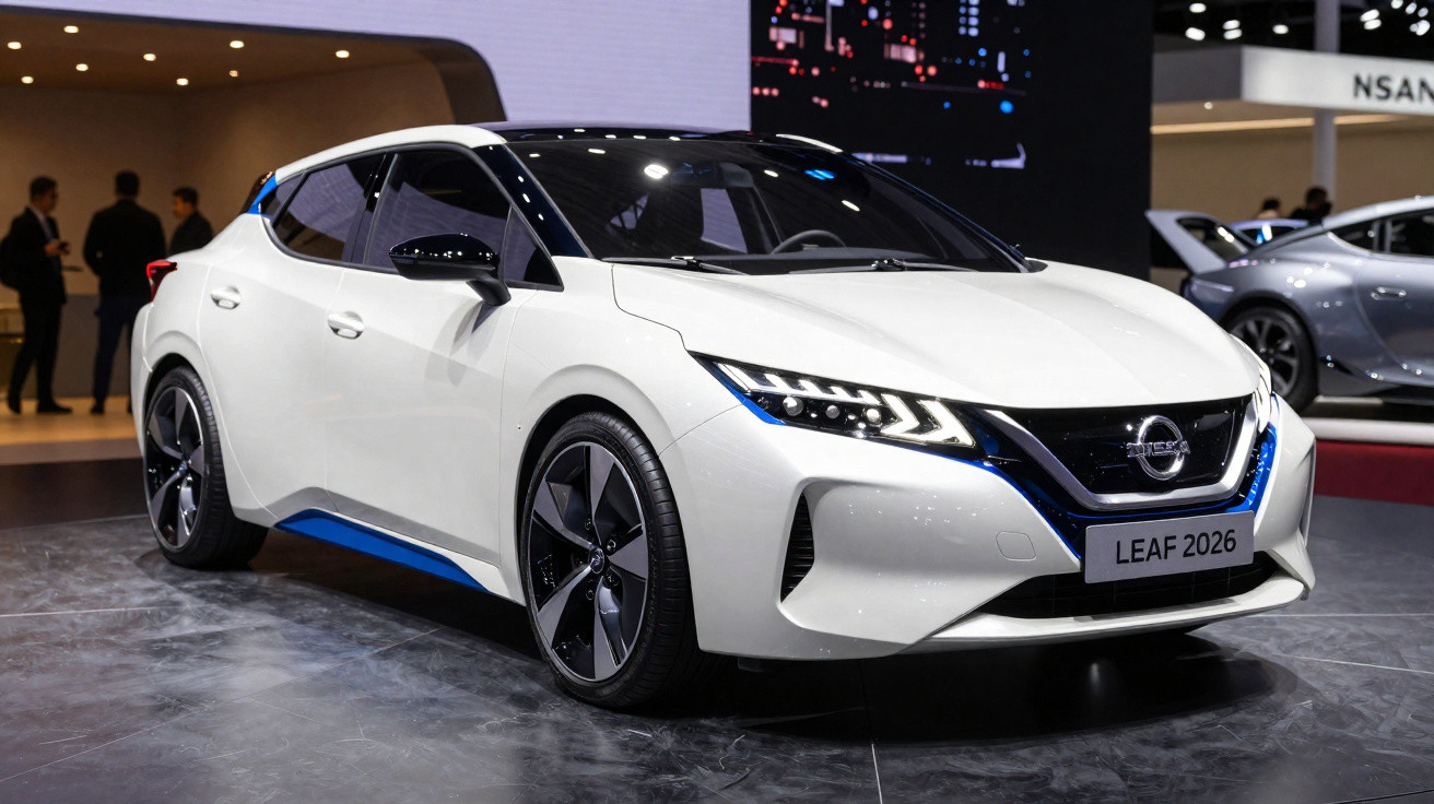 Carro elétrico branco Nissan Leaf 2026 exposto em salão automotivo moderno.