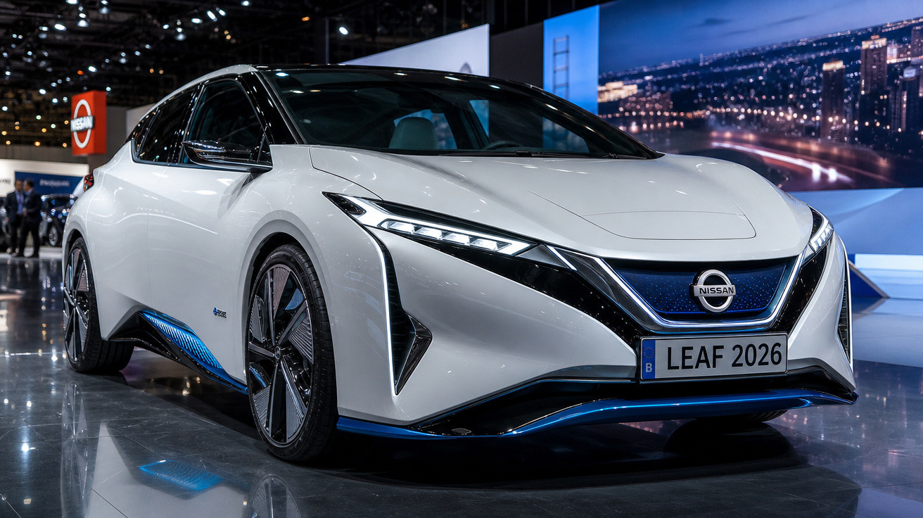 Carro elétrico Nissan Leaf 2026 branco exibido em exposição automobilística com iluminação moderna.