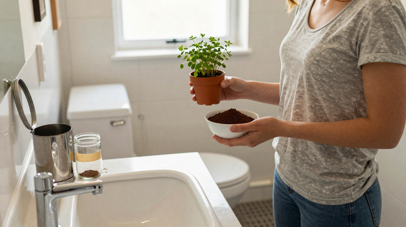 Pessoa segurando vaso com planta e tigela com terra em banheiro com pia e vaso sanitário ao fundo.